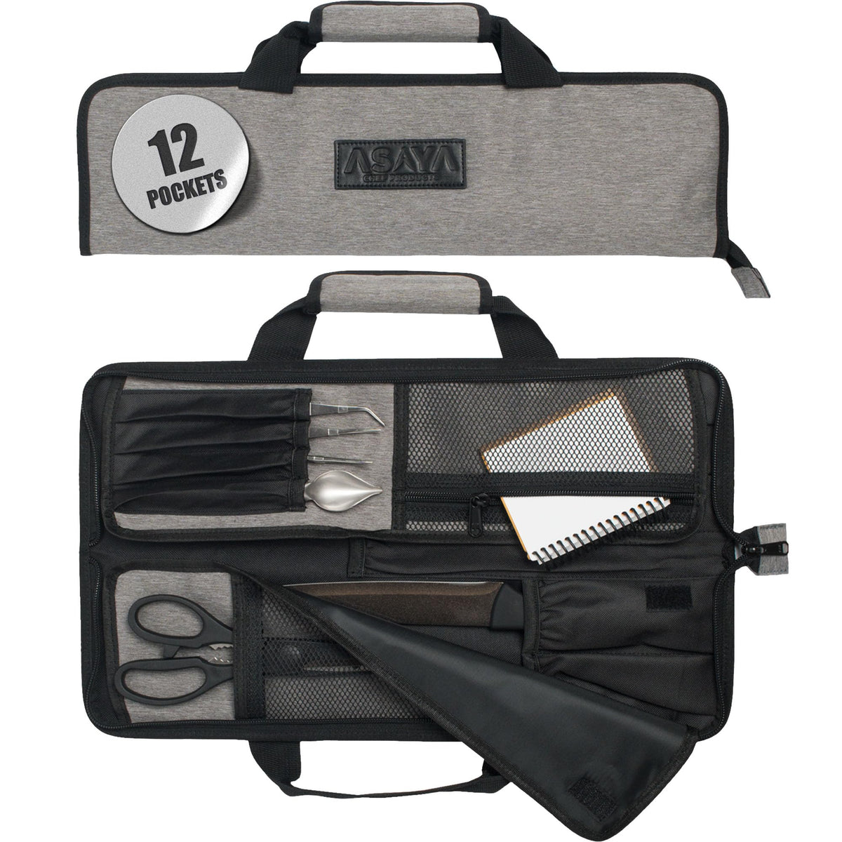 Asaya Chef Knife Roll Bag - 12-Pocket Chefs Case for Kitchen Knives and Utensils, Lightweight Stain-Resistant Waxed Nylon Chef Knife Bag - Knives Not Included (Grey)