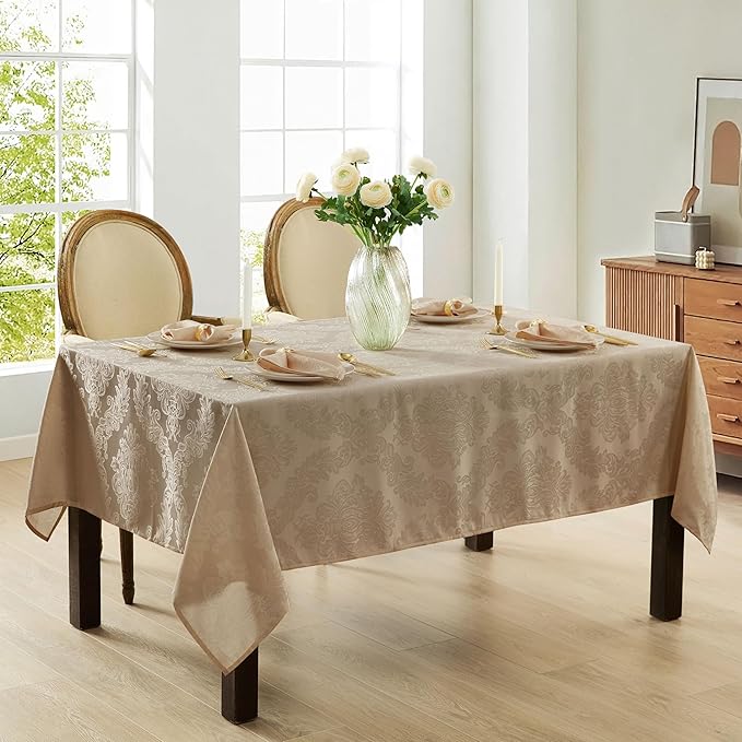 Newbridge Barcelona Luxury Damask Fabric Tablecloth, 60” Wide x 144” Rectangle, Golden Beige, 100% Polyester, No Iron, Soil Resistant Dining Room, Party and Banquet Table Cover