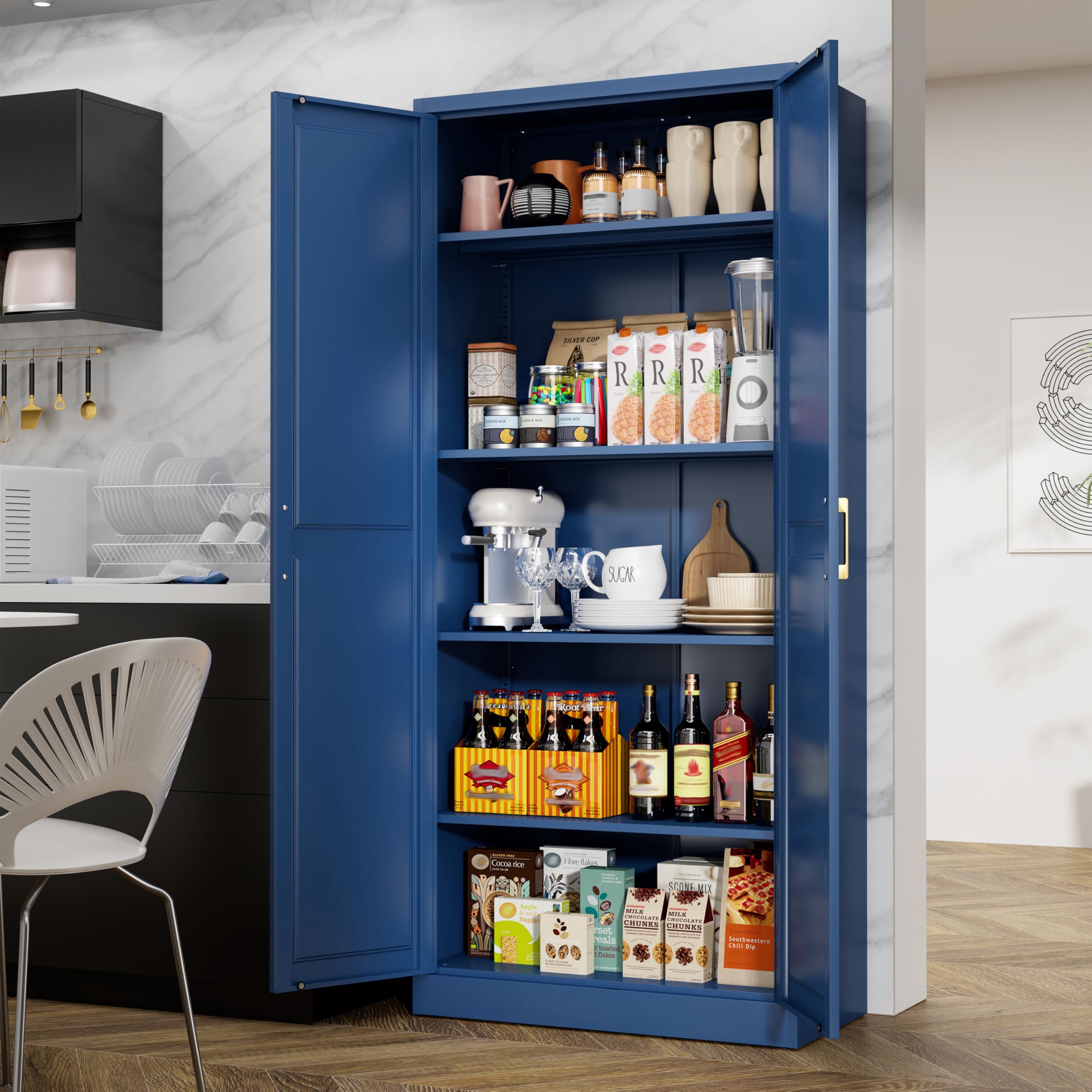 MetalMax 71" Tall Metal Storage Cabinet, Kitchen Pantry Storage Cabinets with Doors and 4 Adjustable Shelves, Food Pantry Cabinet, Large Cupboard, Utility Steel Cabinets for Dining, Living Room, Blue