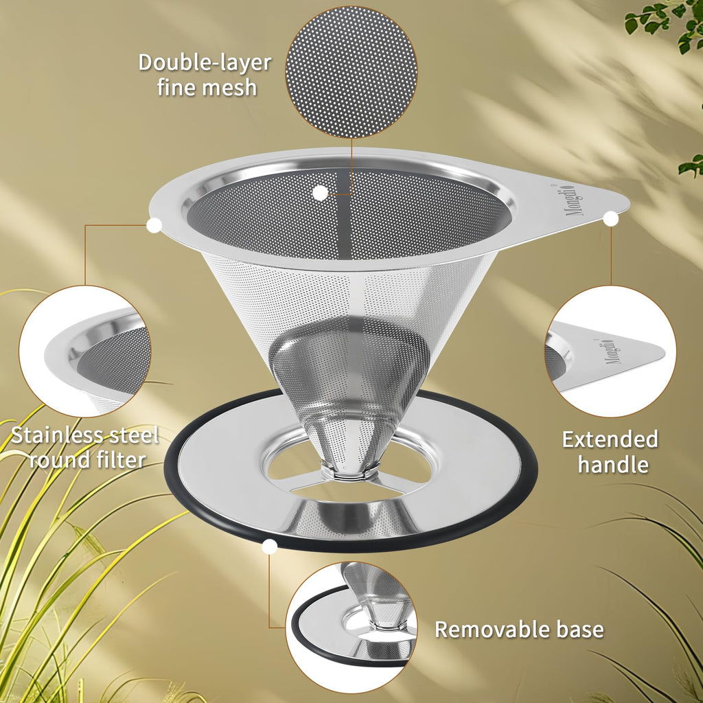 Mongdio Pour Over Coffee Dripper, Stainless Steel Coffee Dripper, Reusable Metal Coffee Filter, Double Mesh Design of Pour Over Coffee Maker with Removable Base, 1-2 Cups