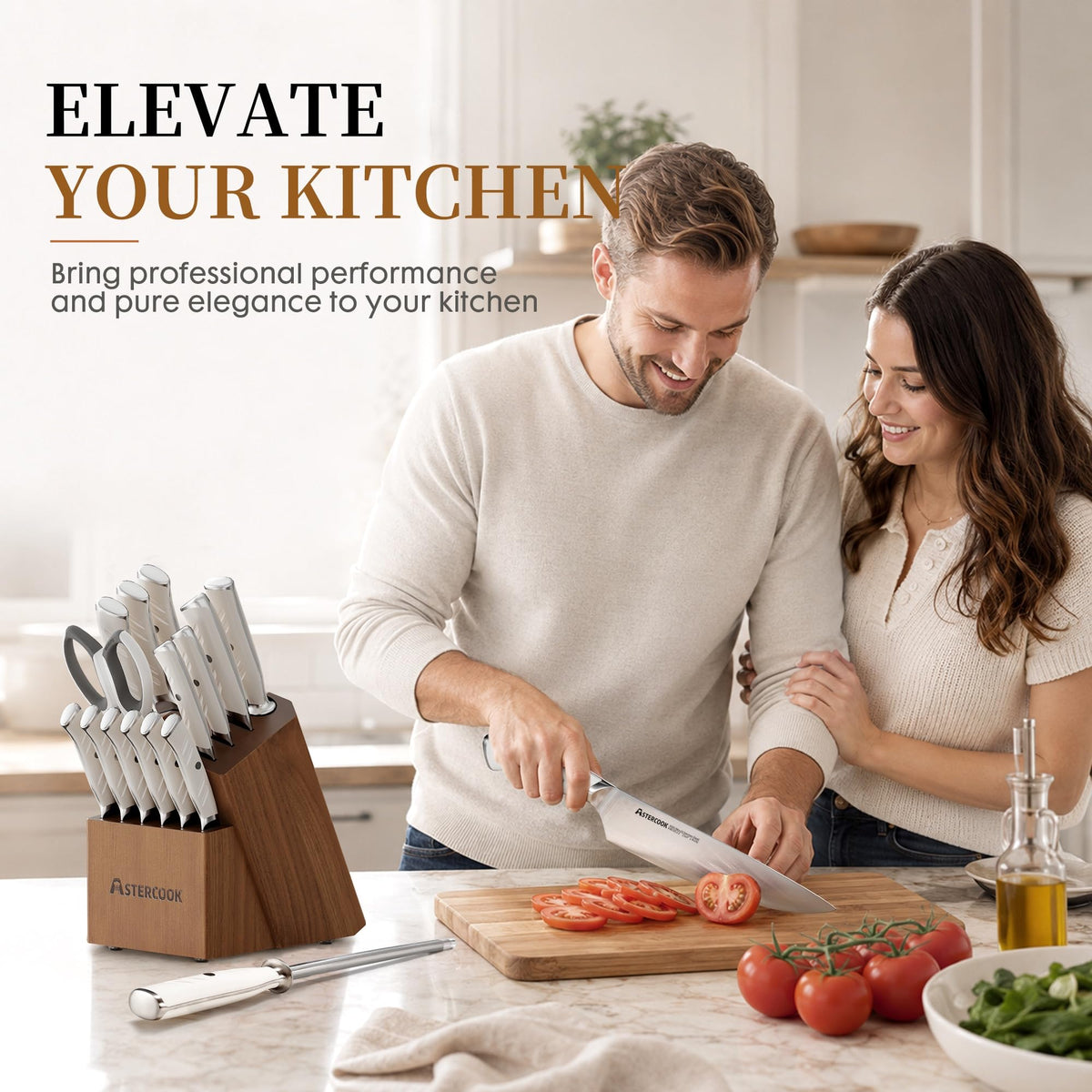 Knife Set, Astercook Kitchen Knife Set with Block, 15 Pcs Luxurious High Carbon German Stainless Steel Knives Set with Full Tang Ergonomic Handle, Dishwasher Safe Knife Set with Sharpening Rod, White