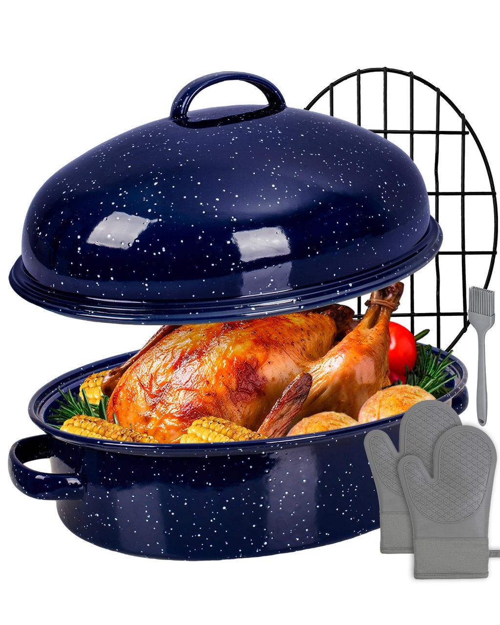 MCCSI Turkey Roasting Pan with Lid & Rack, 18" Enamel Large Roaster Pan Set