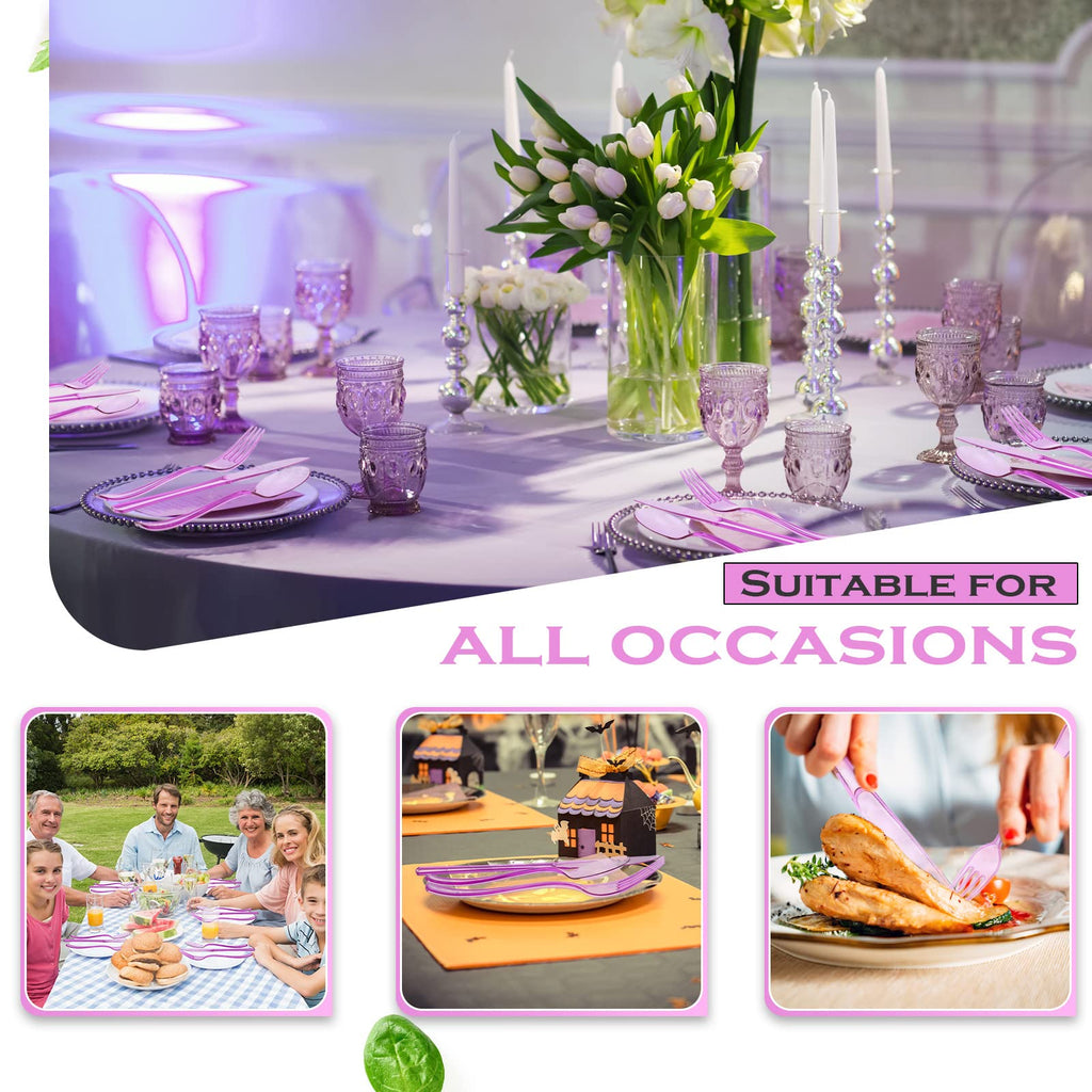 Minatee 150 Pieces Disposable Cutlery Set Plastic Silverware Heavy Duty Utensil Sets 50 Forks 50 Knives 50 Spoons for Home Office School Party Picnics Restaurant Outdoor Events(Purple)
