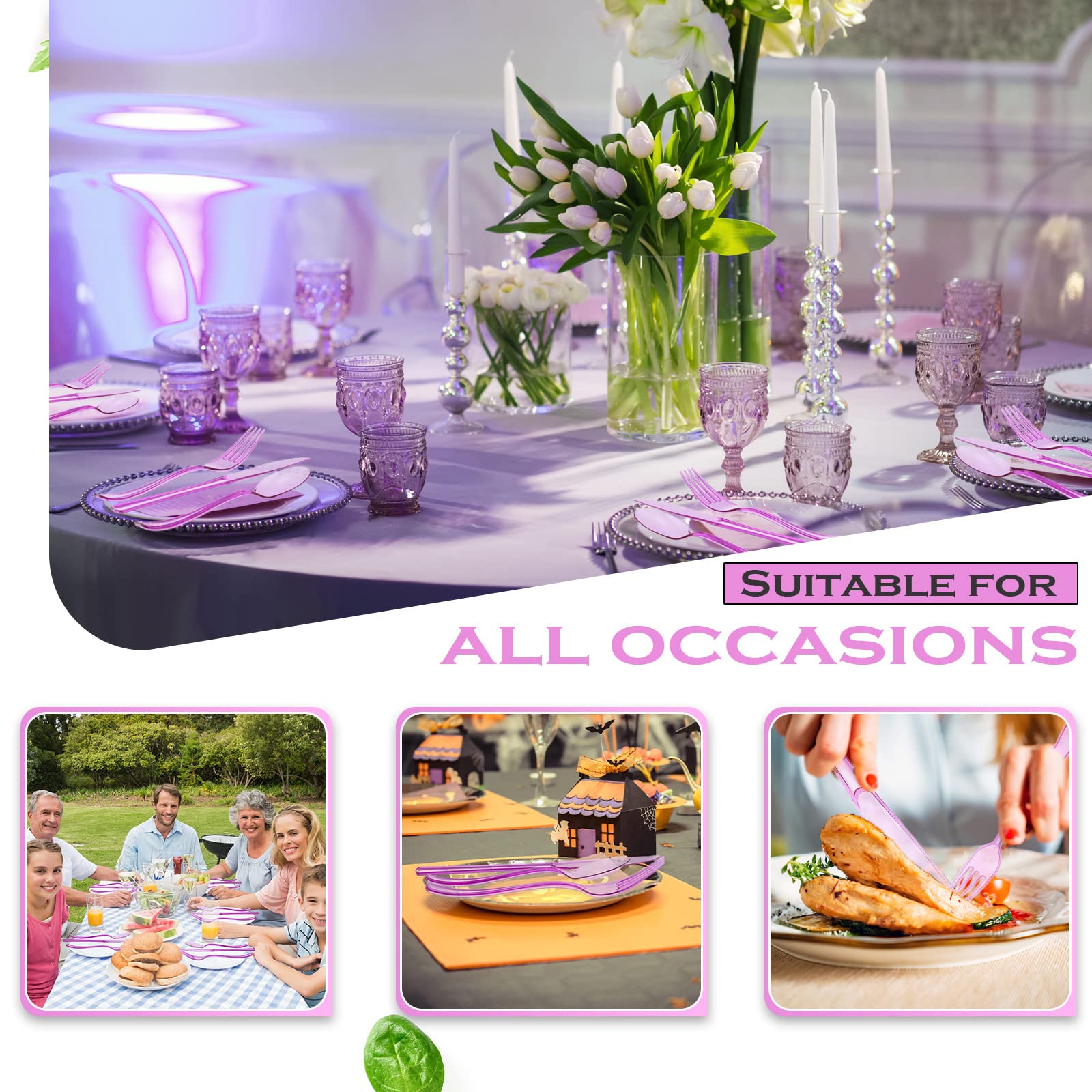 Minatee 150 Pieces Disposable Cutlery Set Plastic Silverware Heavy Duty Utensil Sets 50 Forks 50 Knives 50 Spoons for Home Office School Party Picnics Restaurant Outdoor Events(Purple)
