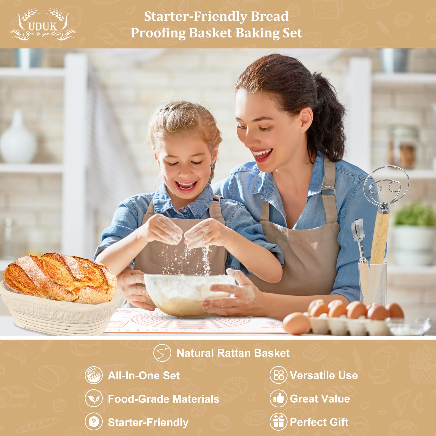 UDUK Bread Proofing Basket Set with 10" Round and 9.6" Round Banneton Baskets, Silicone Bread Sling Baking Mat, Whisk Cutter Scraper Lame - Sourdough Bread Baking Supplies Ideal Sourdough Starter Kit