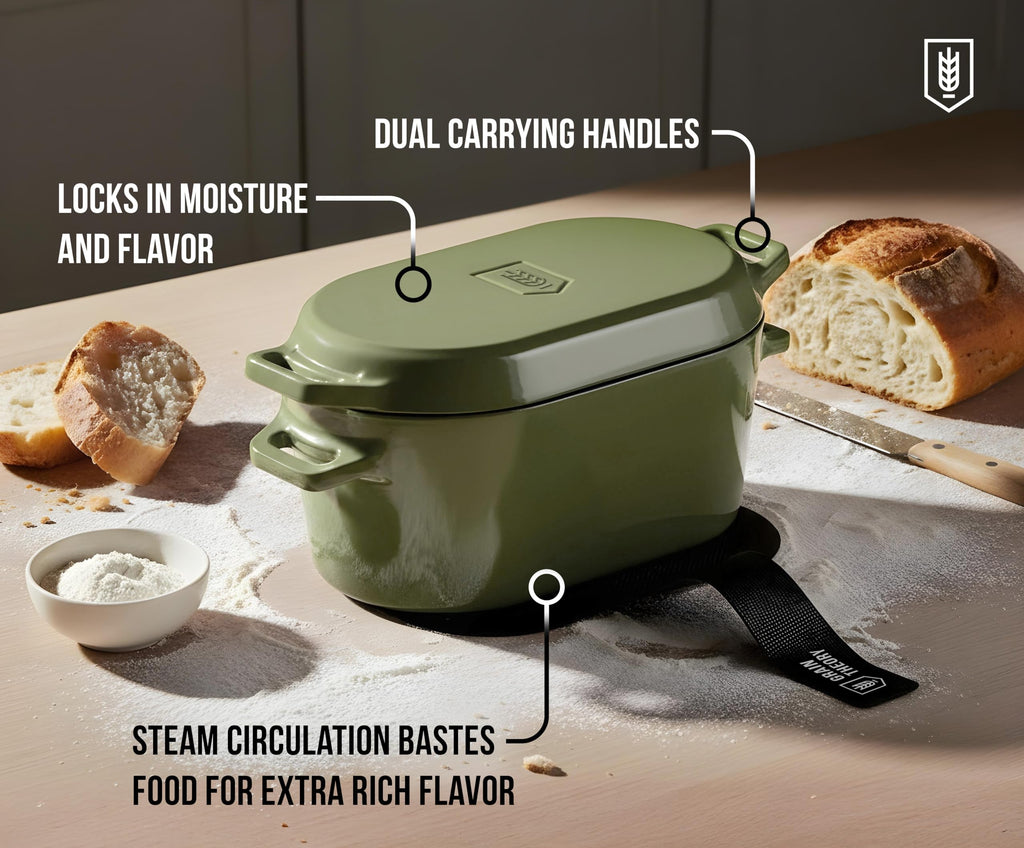 KooK Oval Dutch Oven, for Bread Baking, Sourdough Loaf Pan, Dual Handles, Enameled Cast Iron, with Sling, Dishwasher Safe, 3.4 Qt, Sage Ombre