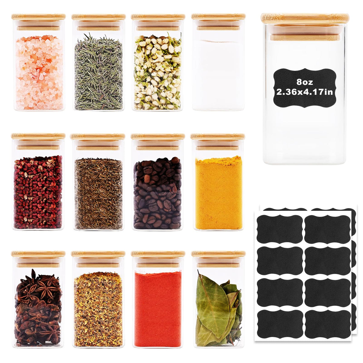 SHOWIN Glass Food Storage Jars, Glass Jars with Bamboo Lids, Kitchen Storage Jars, Canisters with Airtight Lids for Spice, Coffee, Cookie, Set of 5, Pantry Organizers