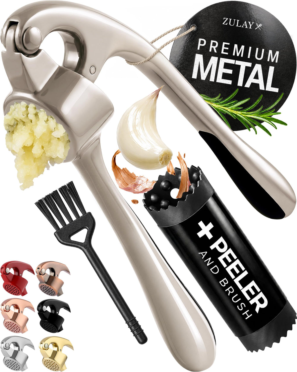 Zulay Kitchen Premium Garlic Press Set - Rust Proof Professional Garlic Mincer Tool - Easy-Squeeze, Easy-Clean with Soft Handle - Silicone Garlic Peeler & Brush (Rose Gold)
