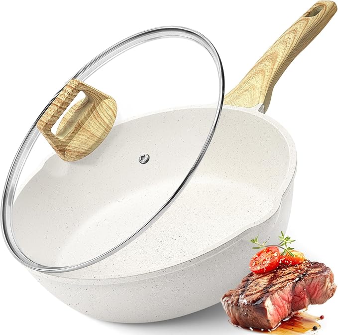 GiPP Ceramic Nonstick Deep Frying Pan Skillet, 12" Saute Pan with Lid, Induction Cookware Non Stick Cooking Pan, PTFE PFOA PFOS APEO Free,White