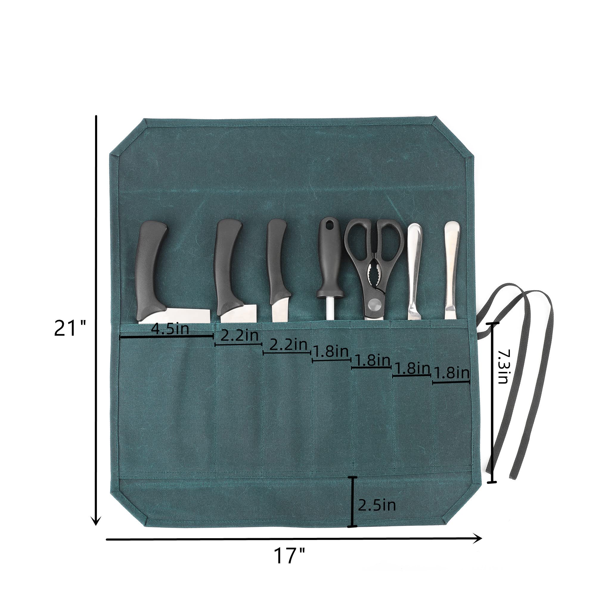 Denifiter Heavy Duty Waxed Canvas Chef Knife Storage Roll Bag With 7 Slots, Waterproof And Durable (Dark Green)