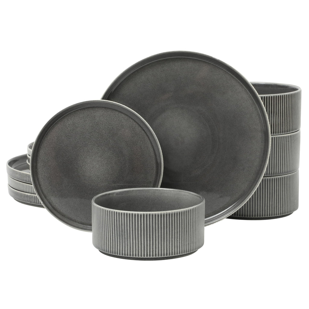 Gibson Elite 12 Piece Matisse Moderna Stoneware Reactive Glaze Plates and Bowls Dishes Dinnerware Set - Cobalt Blue