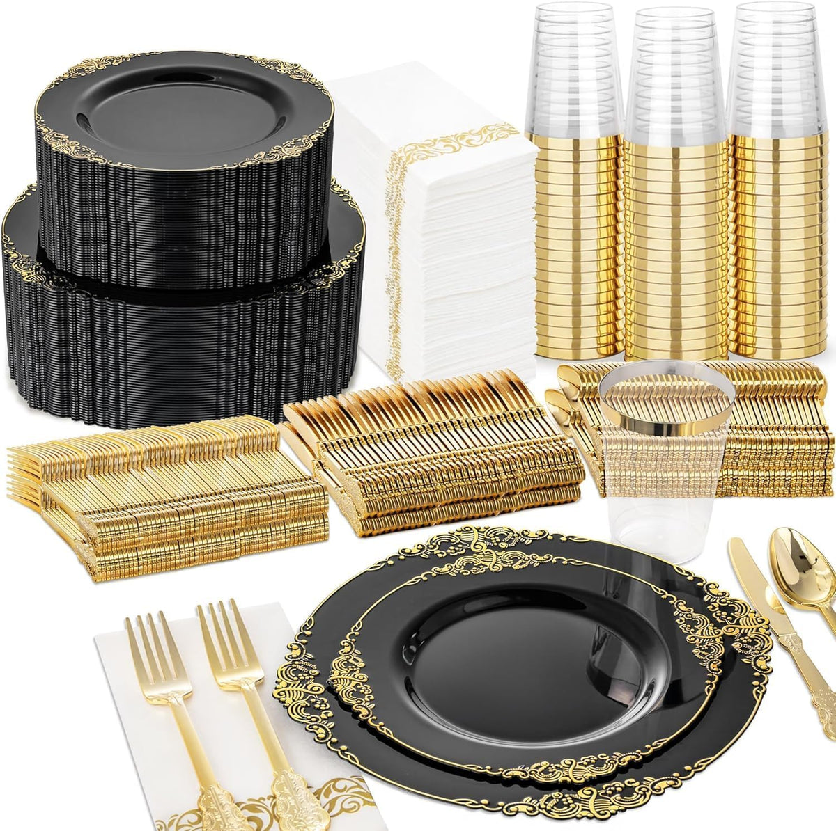 Nervure 350Pcs Purple Plastic Plates, Plastic Dinnerware Set for 50 Guests