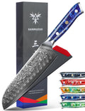 SANMUZUO Santoku Knife - 7 inch - Xuan Series - VG10 Damascus Steel Kitchen Knife - Resin Handle (Sapphire Blue)