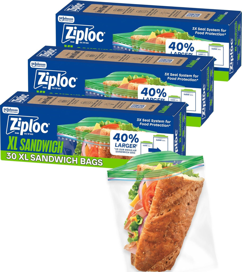 Ziploc XL Sandwich and Snack Bags, Easy Open and Close, Plastic Food Storage Bags, 30 Bags Total
