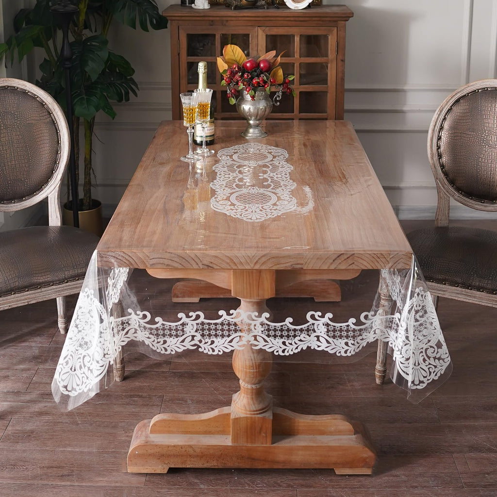 Artbloss Rectangle Waterproof Clear Table Cover Protector Vinyl Table Cloth Oil Spill Proof Wipe Clean Lace Plastic Tablecloths for Dining Tables (White, 52 x 70 Inches)