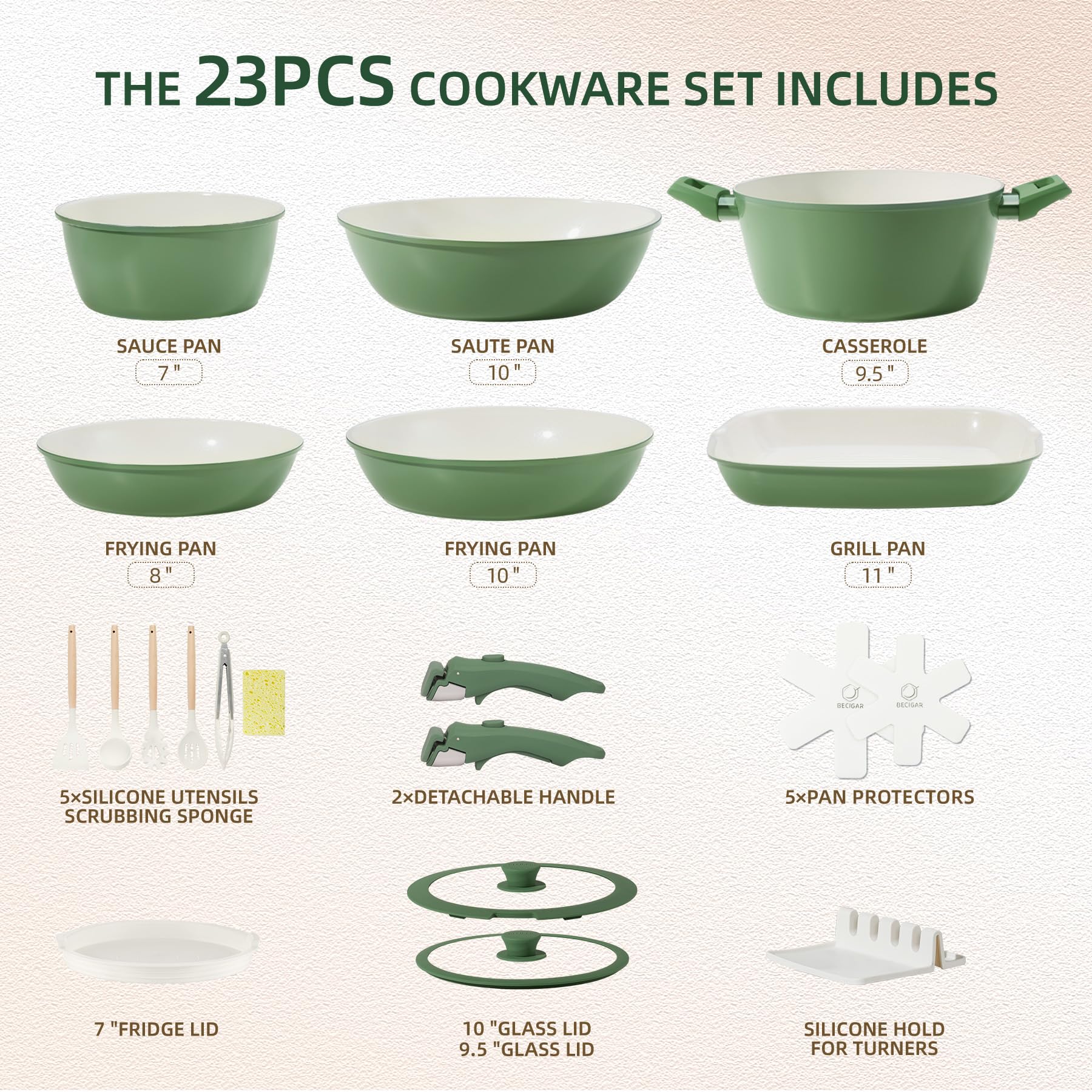 BECIGAR 23pcs Ceramic Pots and Pans Set, Nonstick Detachable Handle Cookware, Induction Kitchen Cooking Set with Removable Handle,include Frying Pans & Saucepans Oven Safe(Green)