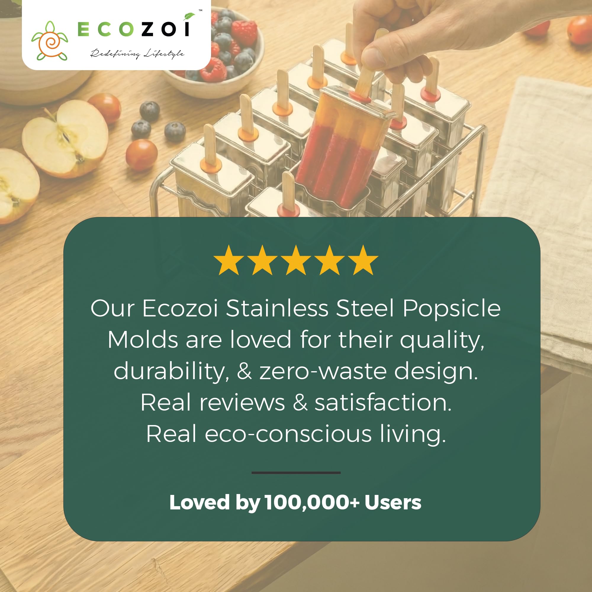 ecozoi Stainless Steel Popsicle Molds and Rack - 10 Square Ice Pop Makers + 50 Reusable Bamboo Sticks + 20 Silicone Seals + 1 Cleaning Brush + 1 Rack