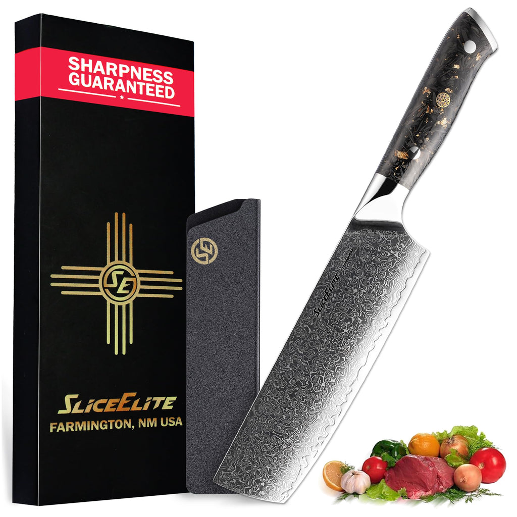 Damascus Meat Cleaver VG10 Steel 7 Inch Blade Leather Sheath & Blade Guard