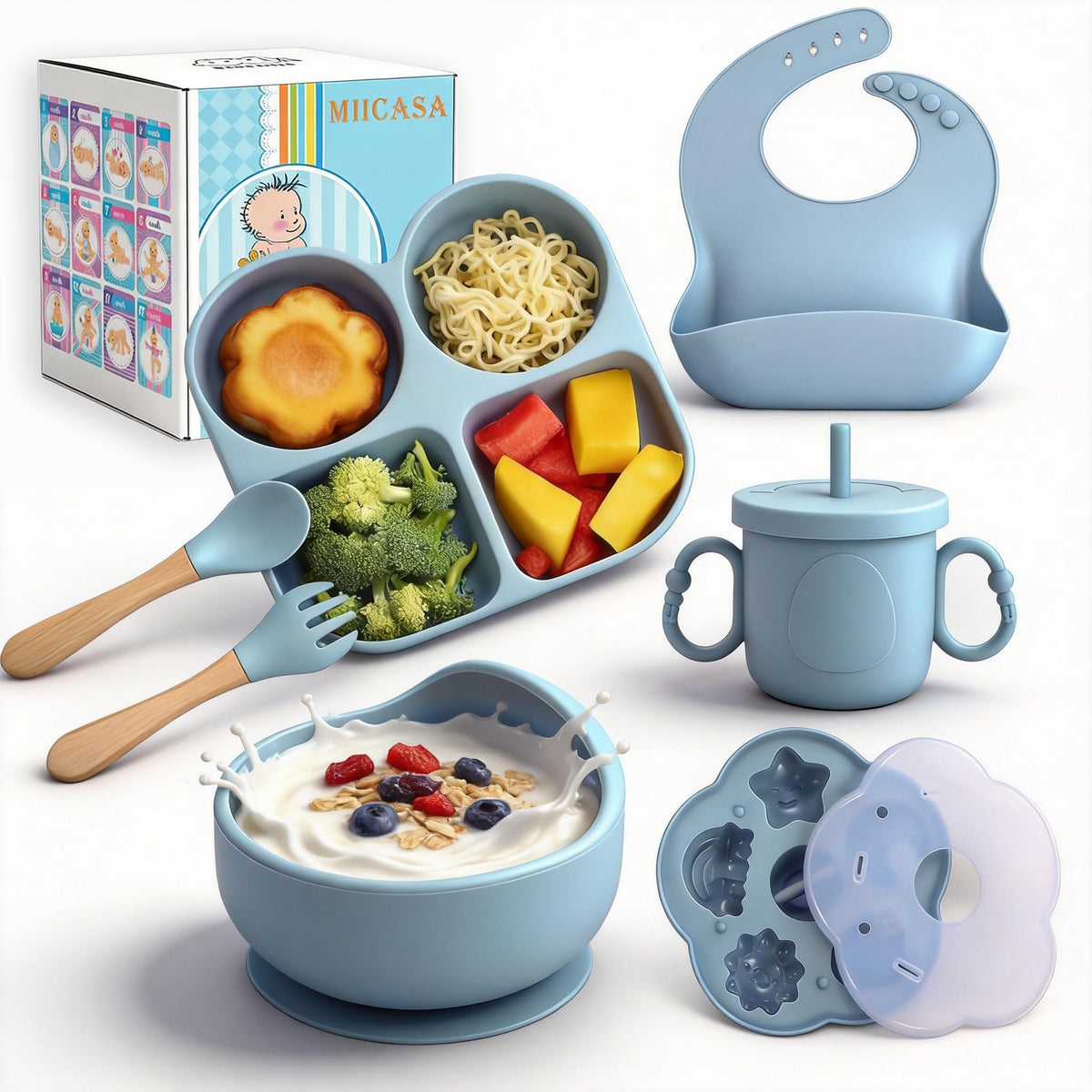 MIICASA Silicone Feeding Set, Led Weaning Supplies, Food Tableware Suction Plate, Bowl, Spoons, Fork, Waterproof Bib, Cup & Complementary Food Cake Mold, Baby Eating Utensils