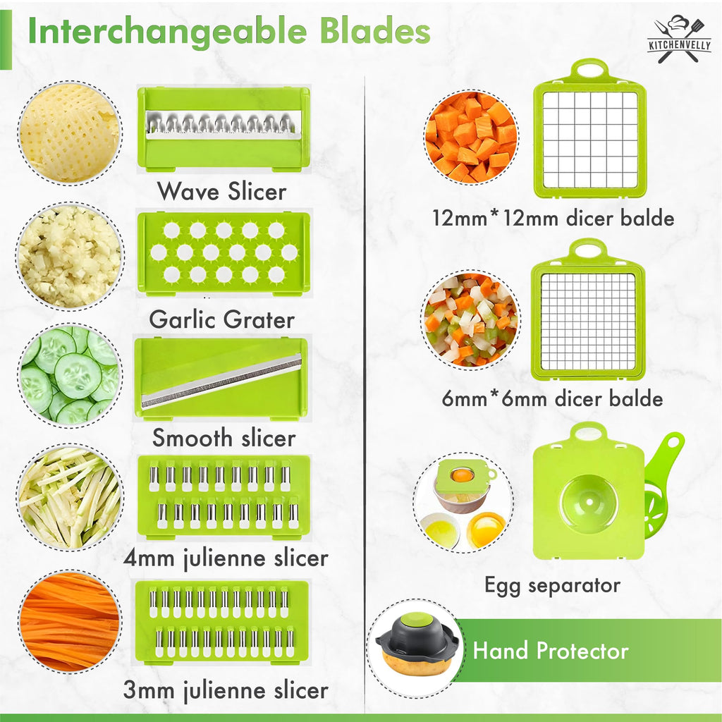 Kitchenvelly Vegetable Chopper 16 in 1 with Container, Veggie Chopper Food Chopper and Dicer, Onion Chopper Vegetable Cutter with 8 Stainless Steel Blades, Easy Meal Prep Kitchen Tool, Green