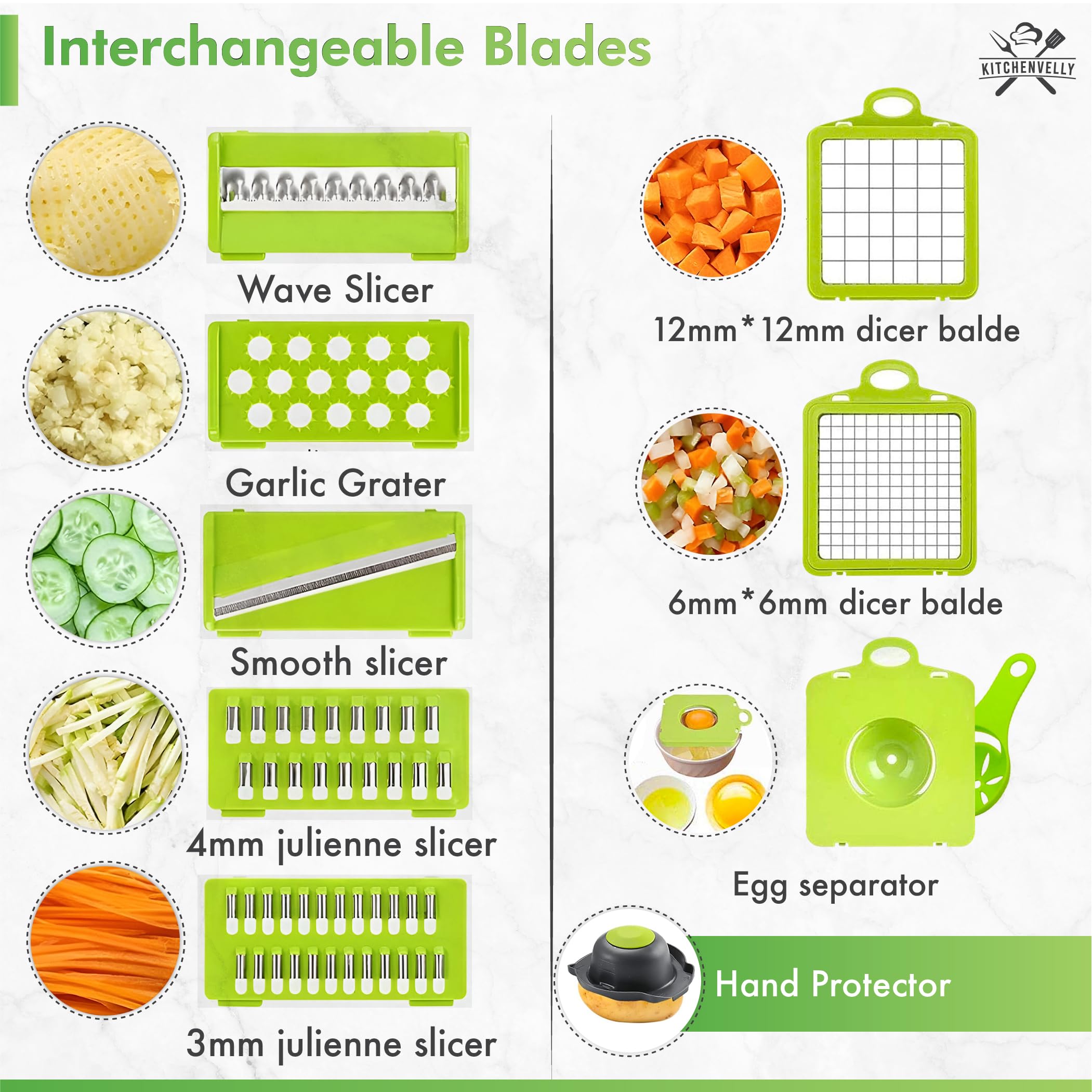 Kitchenvelly Vegetable Chopper 16 in 1 with Container, Veggie Chopper Food Chopper and Dicer, Onion Chopper Vegetable Cutter with 8 Stainless Steel Blades, Easy Meal Prep Kitchen Tool, Green