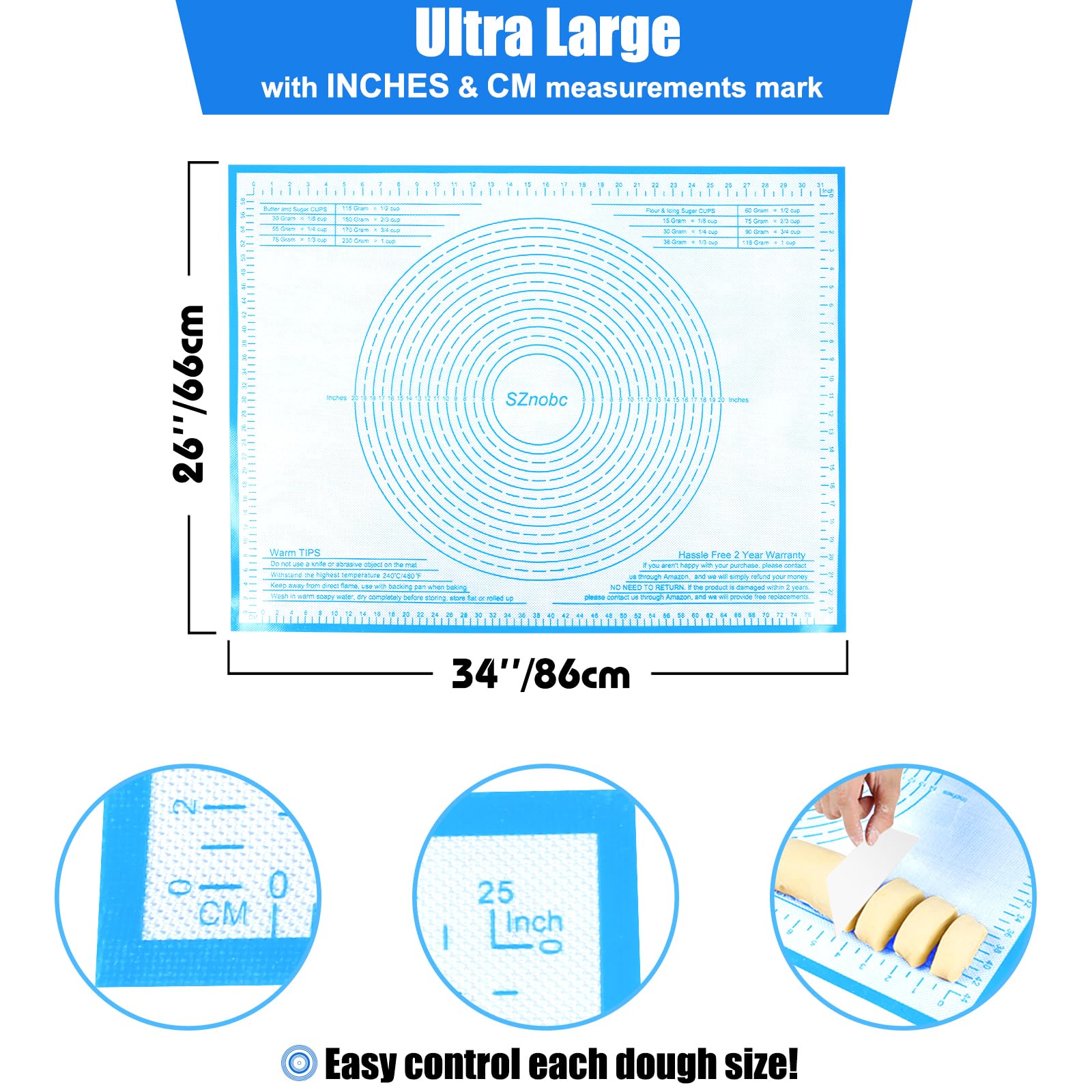 Silicone Pastry Mat 36x24 Inch Extra Large Baking Mat with Measurements, Nonstick Kitchen Counter Mats for Dough, Pastry, Dough Rolling, Kneading Board, Pie Crust, Fondant, Bread, Pasta, Pizza