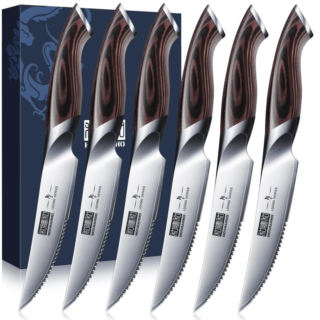 HOSHANHO Steak Knives Set of 6, Ultra Sharp 4.5 In Serrated Steak Knife Set