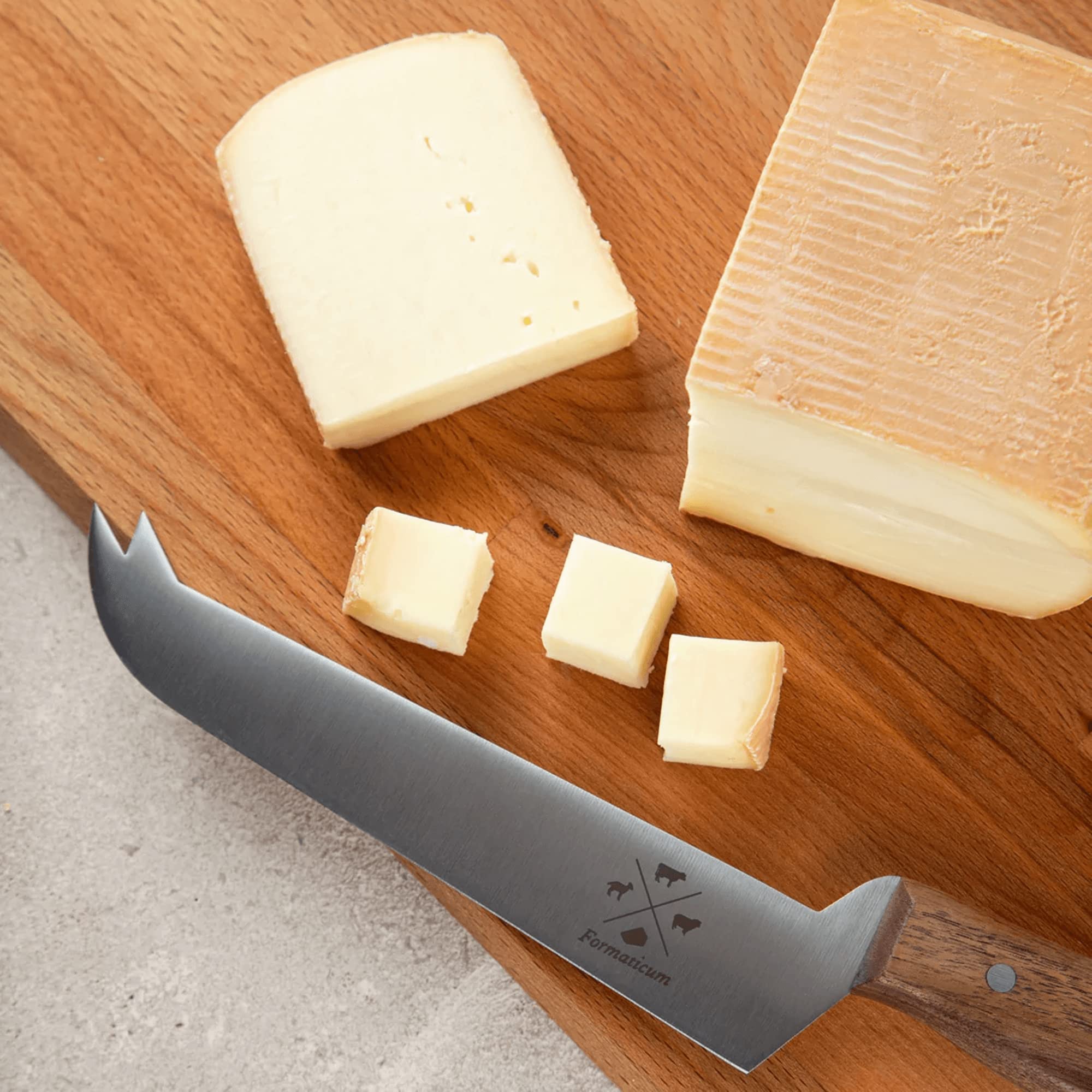 Formaticum Professional Tasting Cheese Knife - Cheese Cutter with Walnut Handle, 7" x 1.25" Stainless Steel Blade, Fork Tip for Tasting, Slicing & Serving, Made in Italy