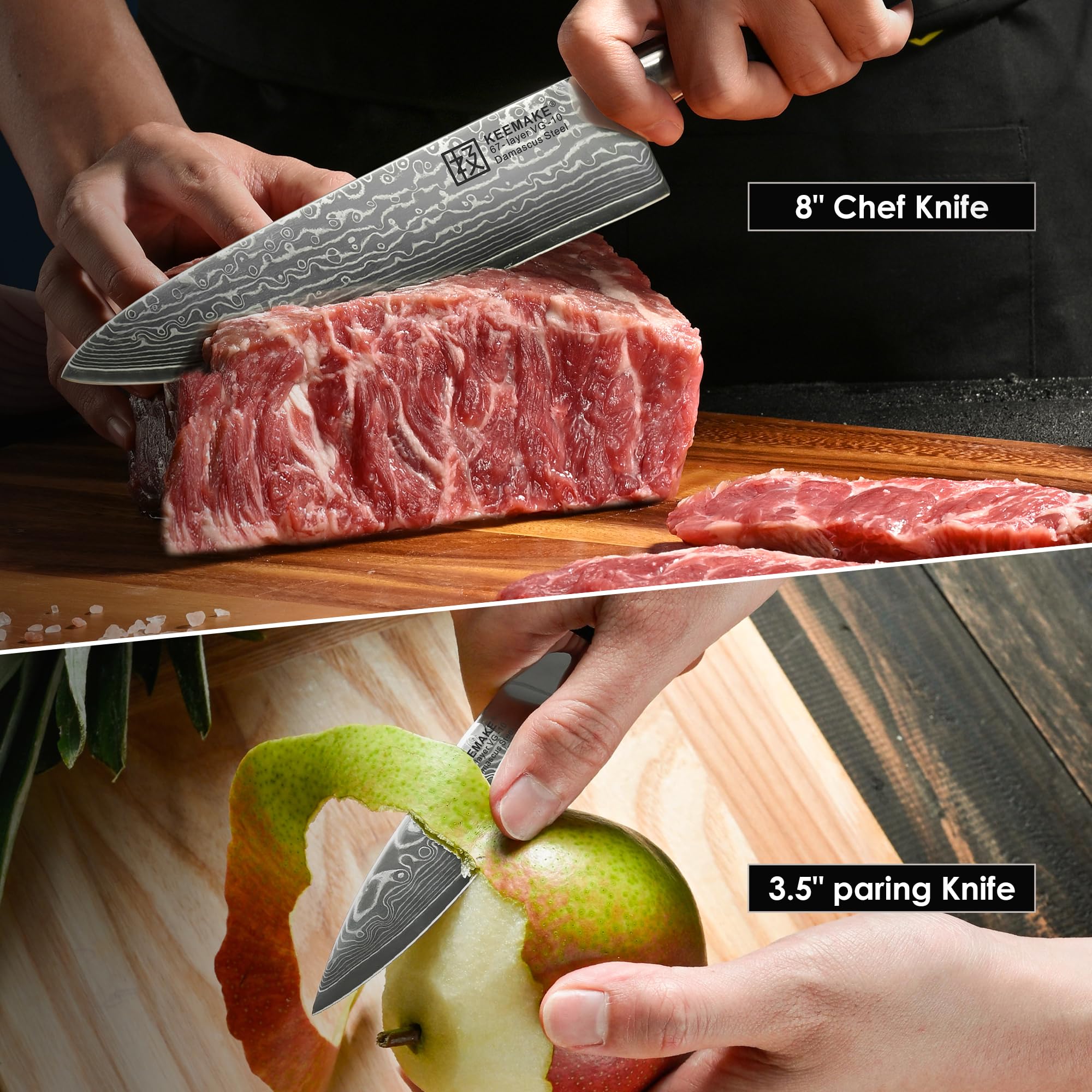 KEEMAKE Damascus Kitchen Knife Set, 2PCS Ultra Sharp 67-Layer Damascus Steel Chef Knife with G10 Non-Slip Handle, Elegant Box for Men Husband