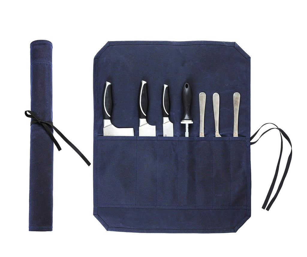Chef's Knife Bag With 5 Slots, Wax Canvas Knife roll with Professional Anti Cutting Fabric Inside (Blue)