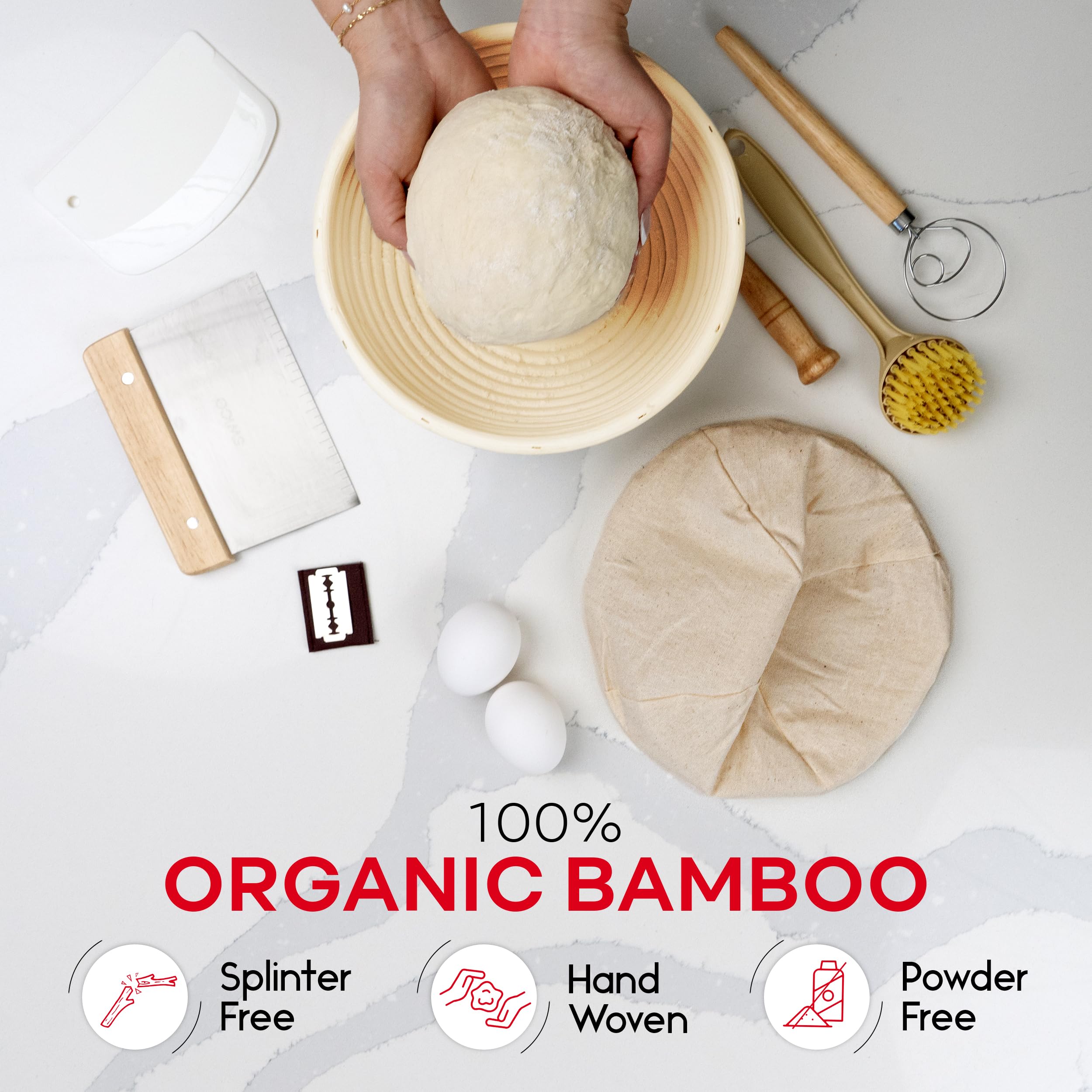 Swice Bread Proofing Basket, Round 9-Inch Banneton Sourdough Starter Kit with Lame, Dough Scraper, Linen Liner, and Basting Brush, Complete Bread Making Supplies and Tools