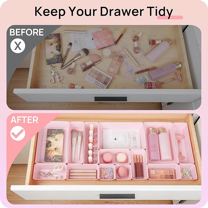 Vtopmart 25 PCS Plastic Drawer Organizers Set, 4-Size Versatile Bathroom and Vanity Drawer Organizer Trays, Storage Bins for Makeup, Bedroom, Kitchen Gadgets Utensils and Office