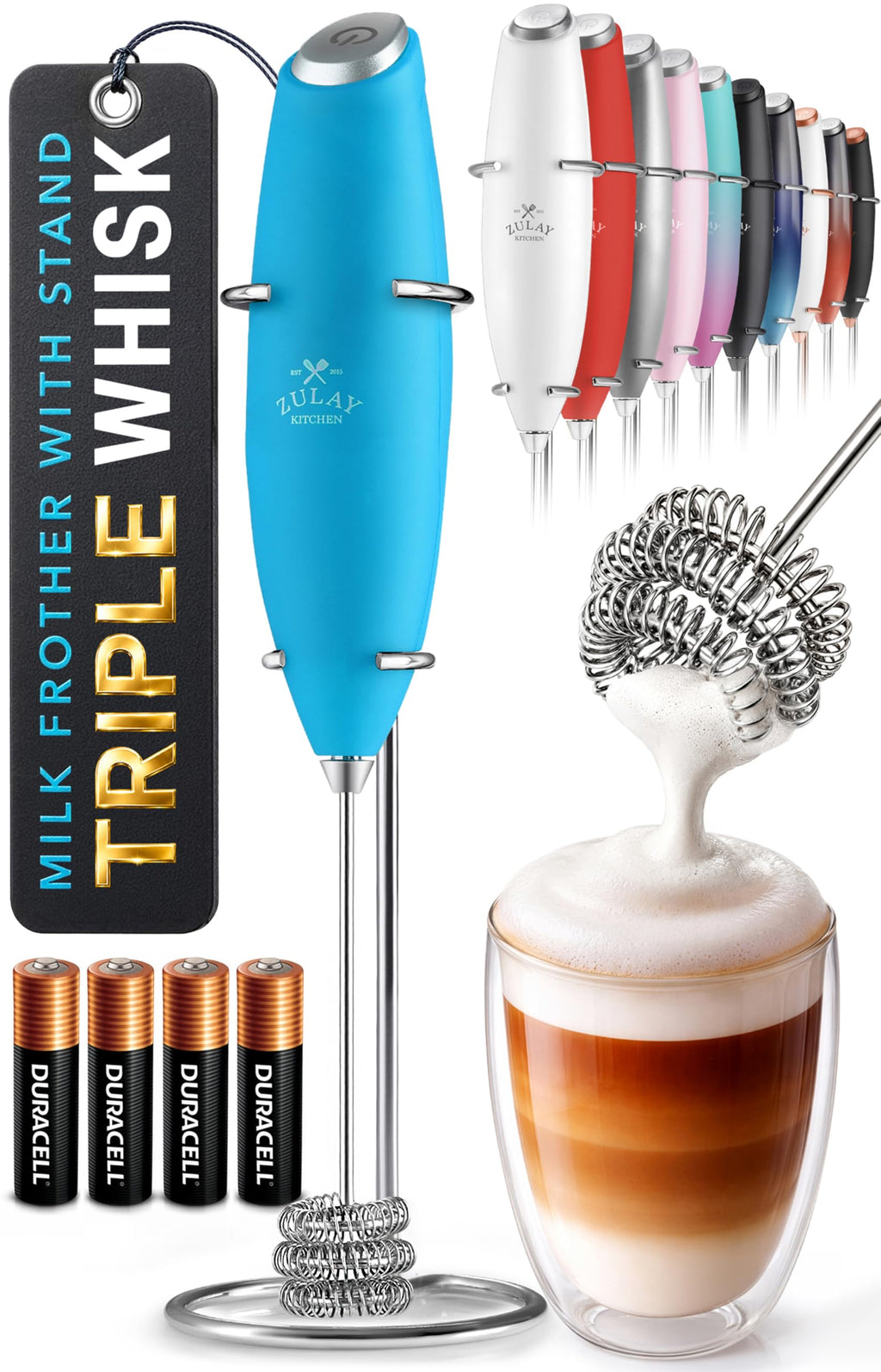 Zulay Kitchen Powerful Milk Frother Wand With Duracell Batteries - Ultra Fast Handheld Drink Mixer - Electric Whisk Foam Maker for Coffee, Lattes, Cappuccino & Matcha - Z1 Motor - Aqua