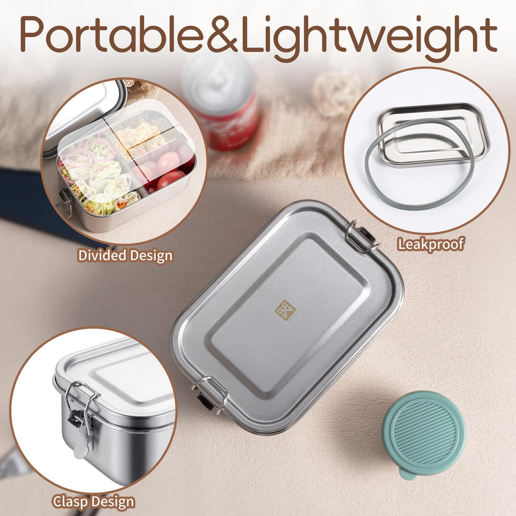 GOLDEN KEY 27oz Stainless Steel Bento Box for Kids,800ml Stainless Steel Lunch Box with Leakproof Condiment Container,3 Compartment Snack Containers,Freezer & Dishwasher Safe (Green)
