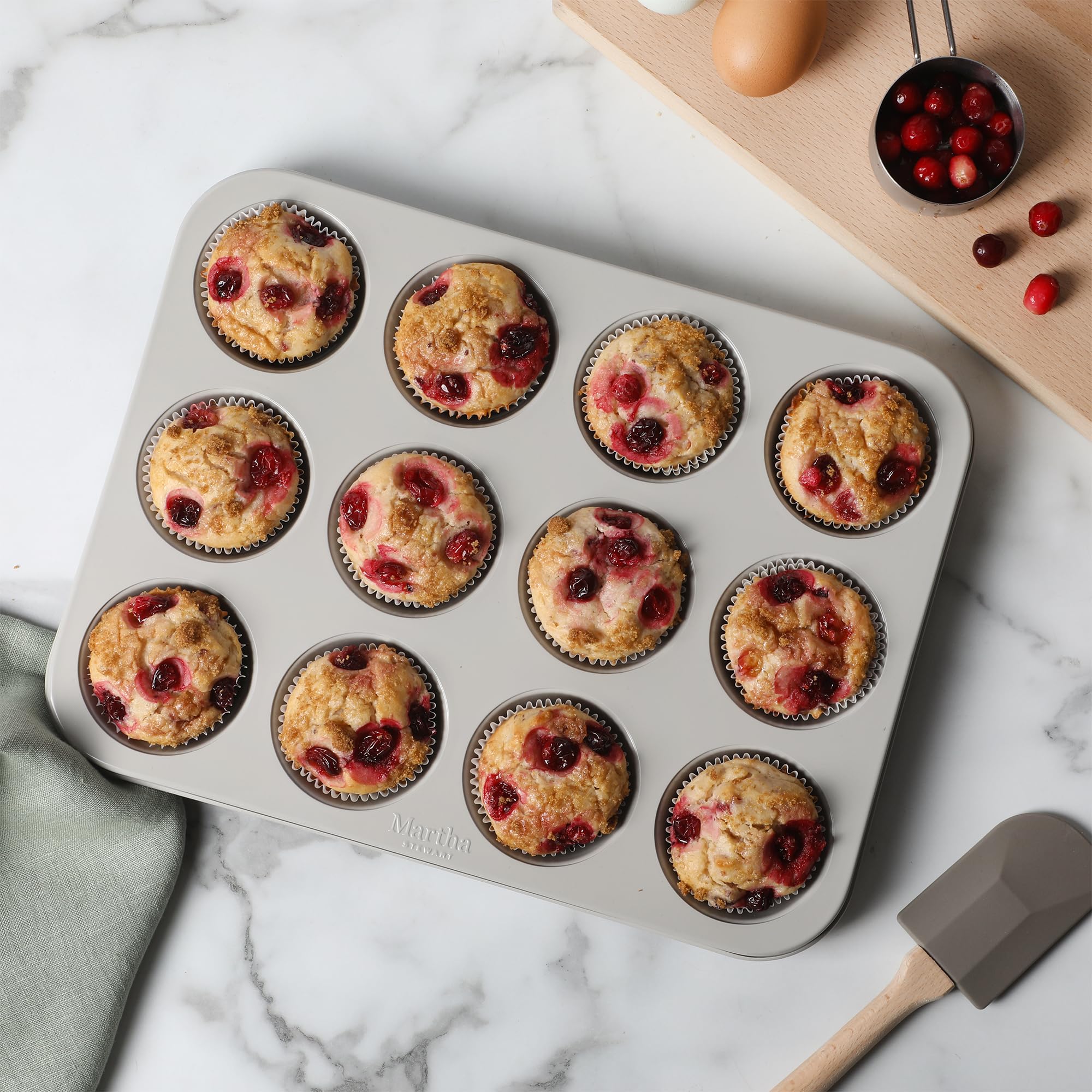 Martha Stewart Gallen 12 Cup Nonstick Carbon Steel Muffin and Cupcake Pan – Cool Grey, Durable Bakeware for Even Baking and Easy Release