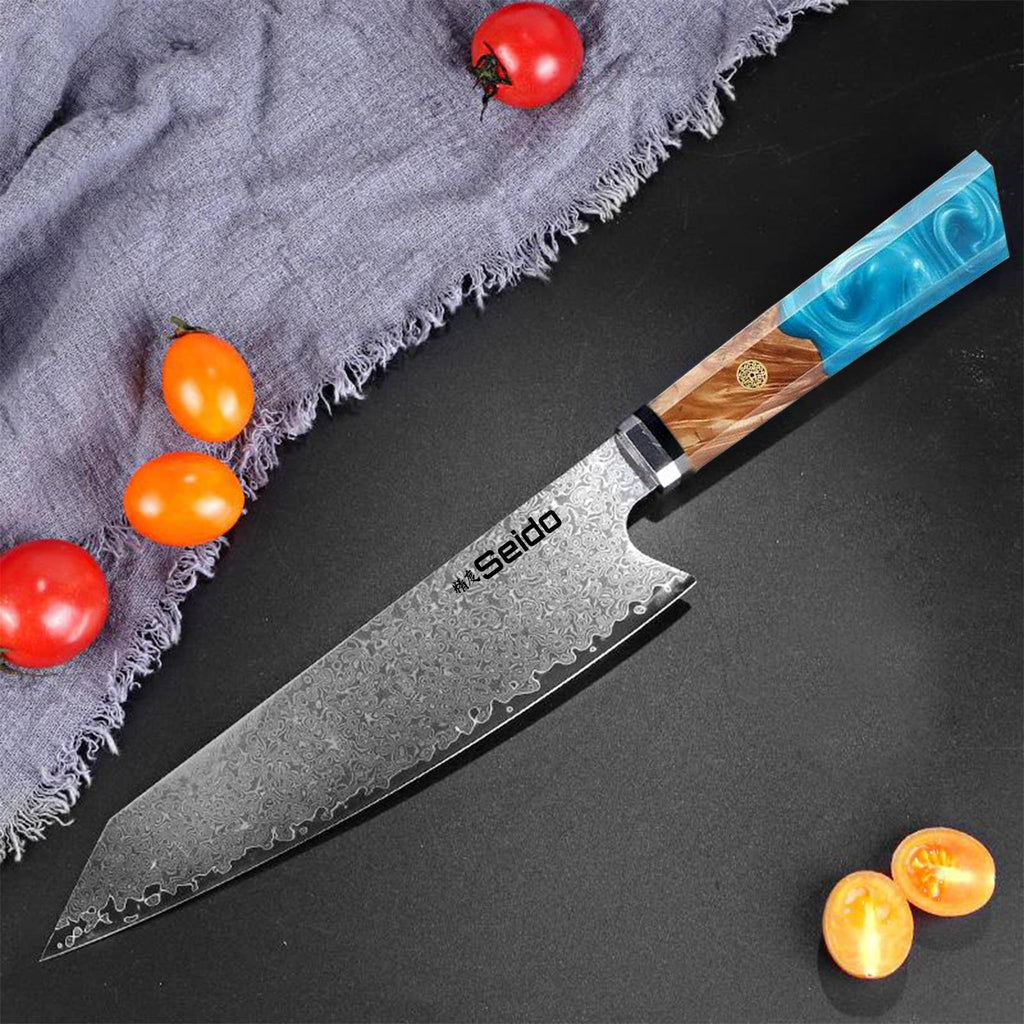 Seido Knives 8.5 Inch Kiritsuke Damascus Chef Knife, VG10, Blue Resin