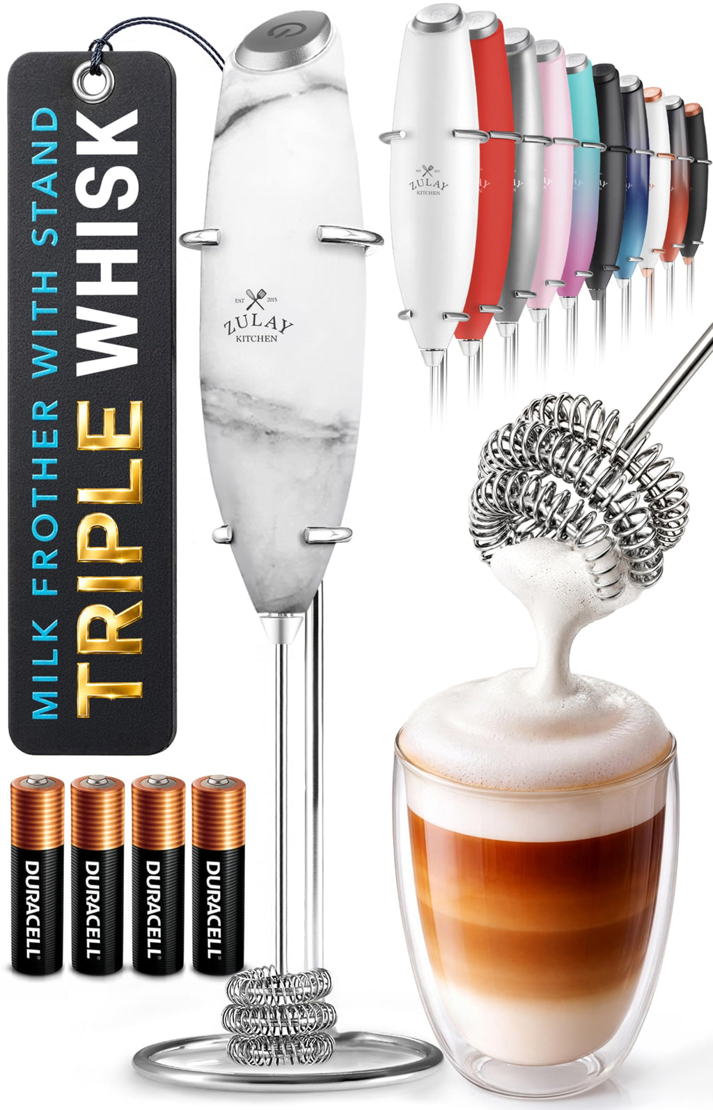 Zulay Kitchen Powerful Milk Frother Wand With Duracell Batteries - Ultra Fast Handheld Drink Mixer - Electric Whisk Foam Maker for Coffee, Lattes, Cappuccino & Matcha - Z1 Motor - Aqua