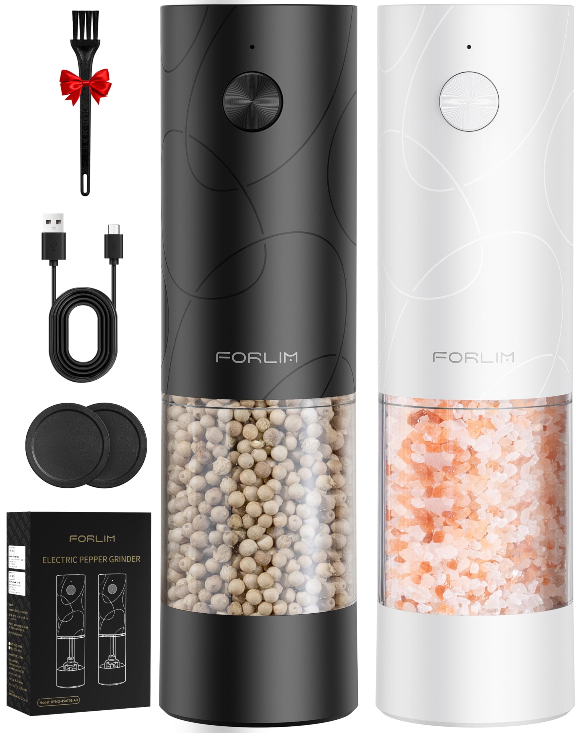 FORLIM Electric Salt & Pepper Grinder Set, Rechargeable 2 Pack, Black White