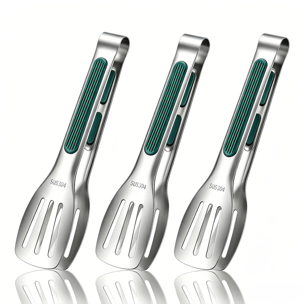 Stainless Steel Kitchen Tong Set - Anti-Slip Heat-Resistant Grip, Widened 3-Line Slotted Heads for Easy Clamping (Steaks, BBQ, Pasta, Salads), Easy Clean for Versatile Use Set of 3-9", Silver