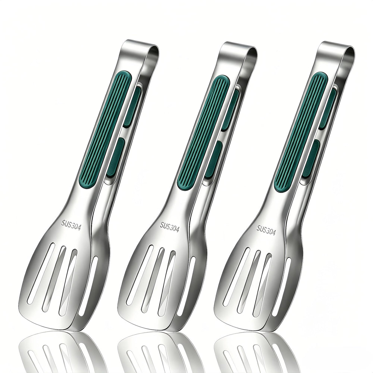 Stainless Steel Kitchen Tong Set - Anti-Slip Heat-Resistant Grip, Widened 3-Line Slotted Heads for Easy Clamping (Steaks, BBQ, Pasta, Salads), Easy Clean for Versatile Use Set of 3-9", Silver