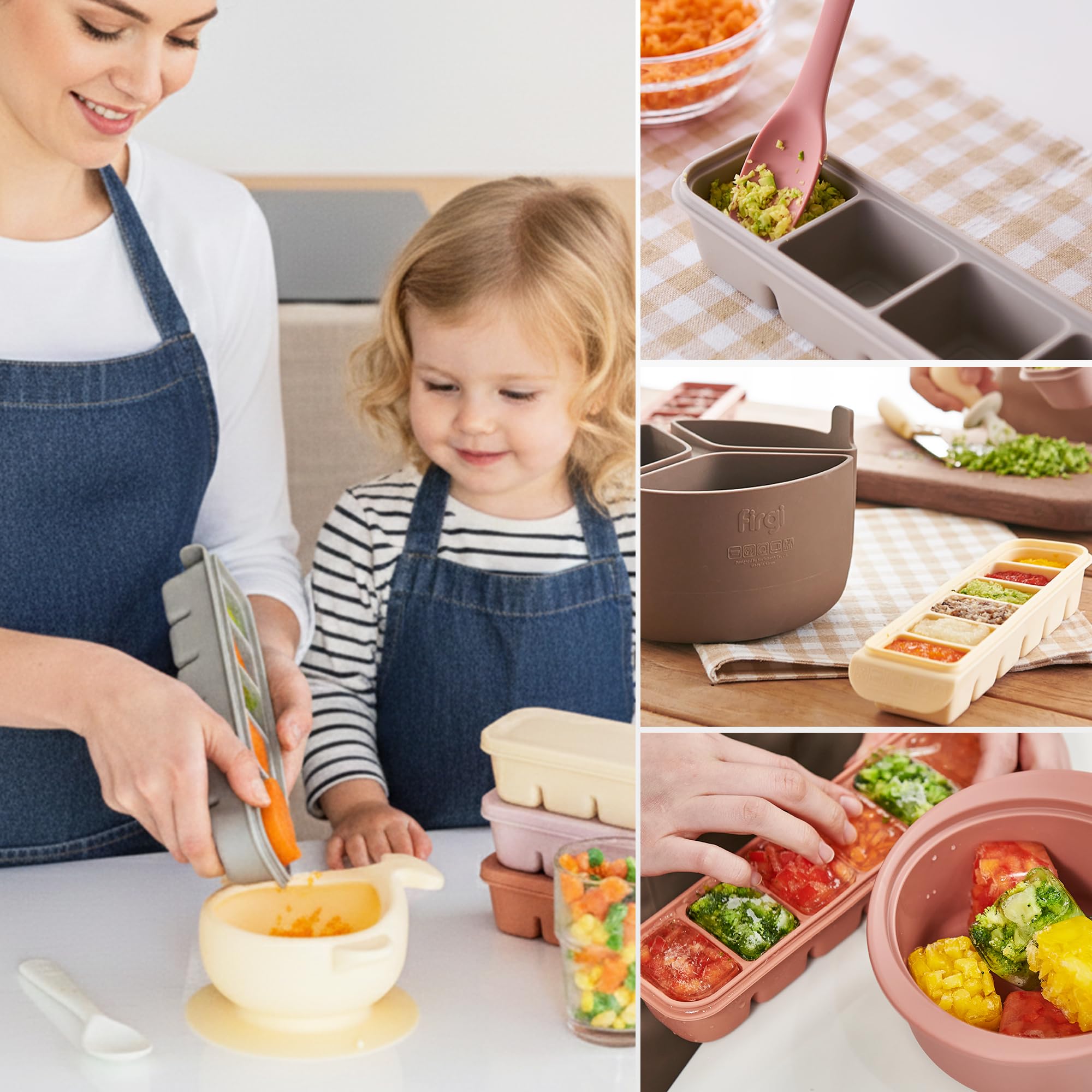 Firgi Silicone Ice Cube Freezer Tray with Lid, 100% Food-Grade Platinum Silicone,Leak Resistance & Dishwasher Safe for Baby Food Prep,Breast Milk,Purees - Korean Made (Brown 2-Pack 1 oz/6 Sections)