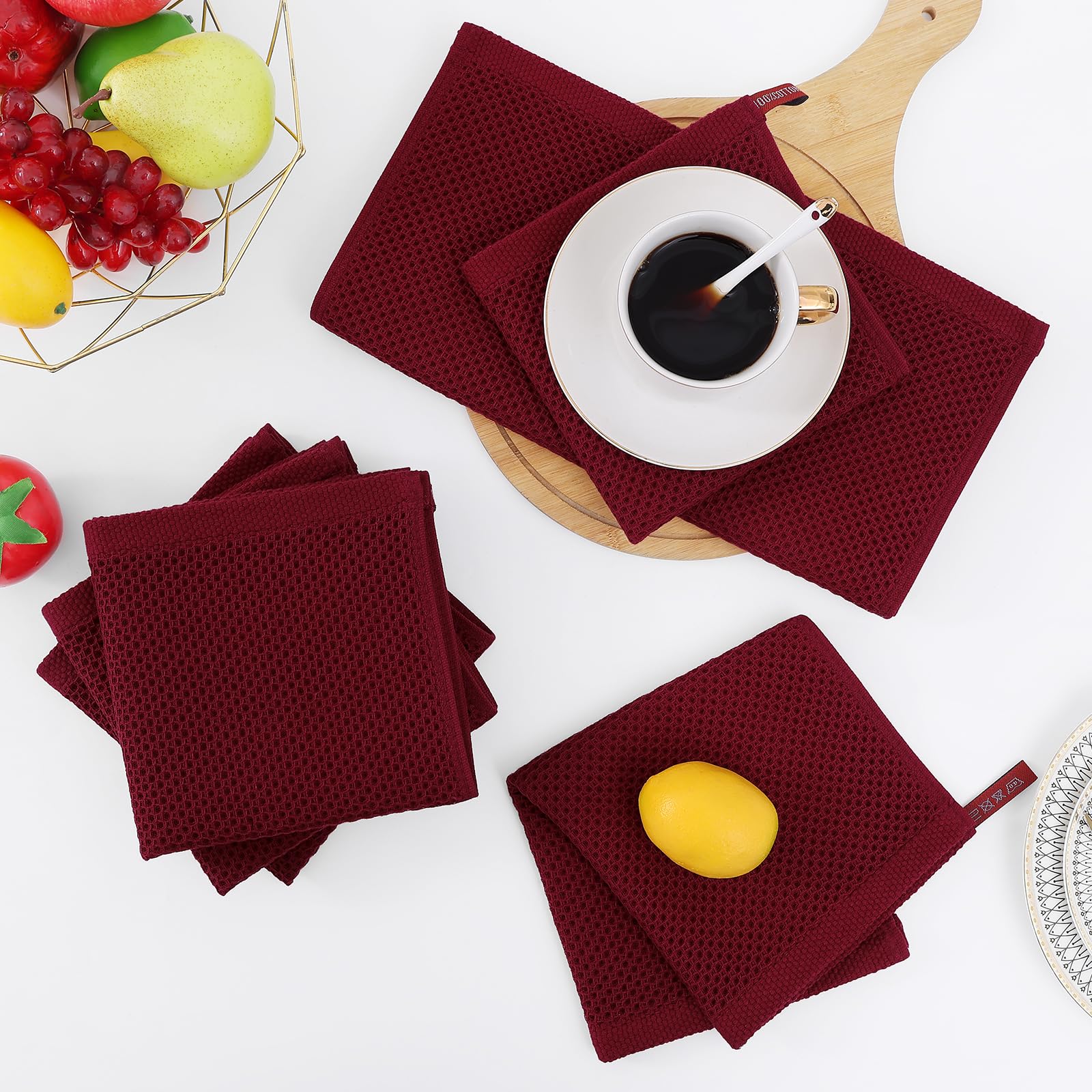 Homaxy 100% Cotton Waffle Weave Kitchen Dish Cloths, Ultra Soft Absorbent Quick Drying Dish Towels, 12 x 12 Inches, 6-Pack, Burgundy