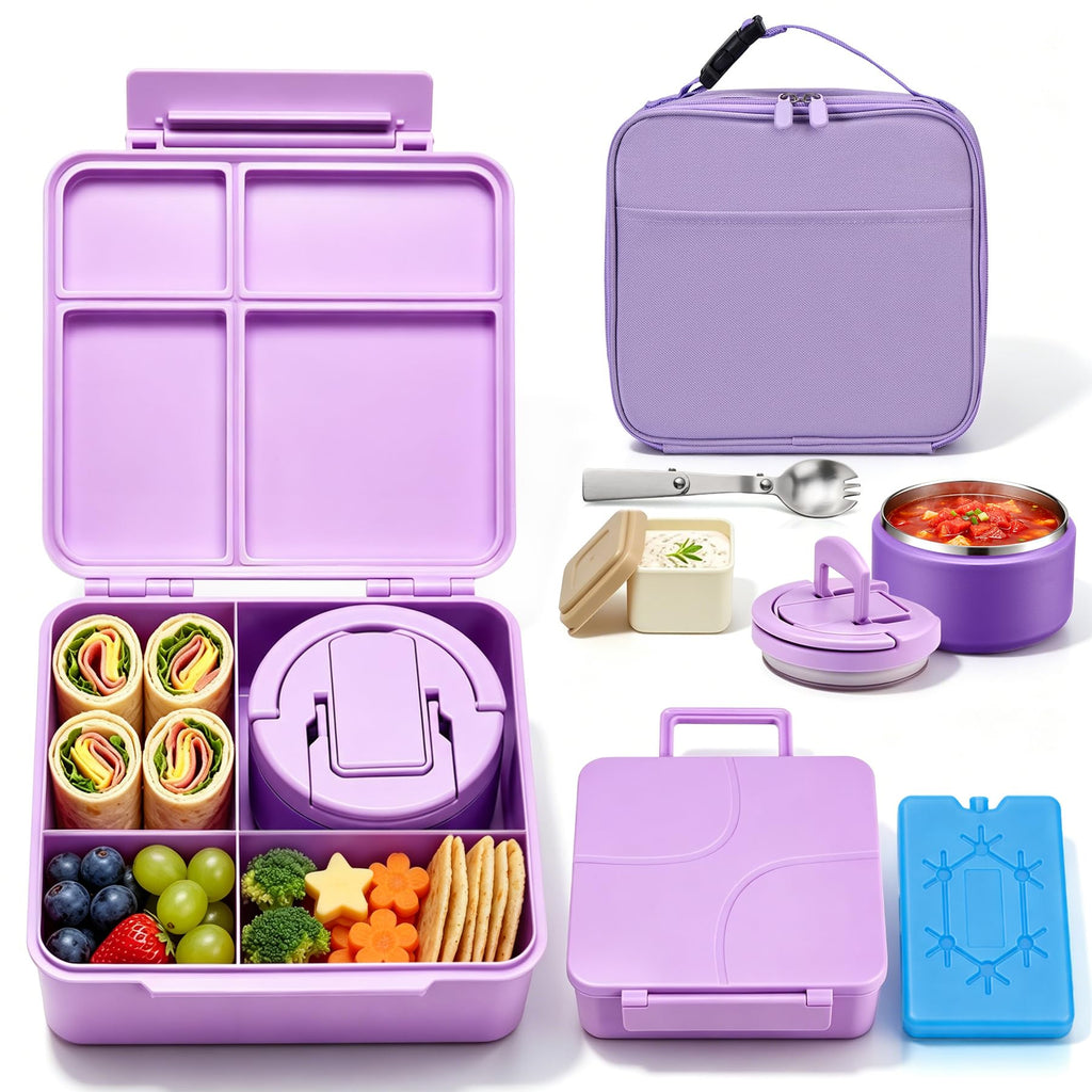 Bento Lunch Box with 8oz Soup Thermo,Kids Leakproof 4 Compartment Lunch Food Containers with Sauce Cup and Ice Pack,Kids Thermo Insulated Hot Food Jar and Lunch Bag for School,Trvael-Green
