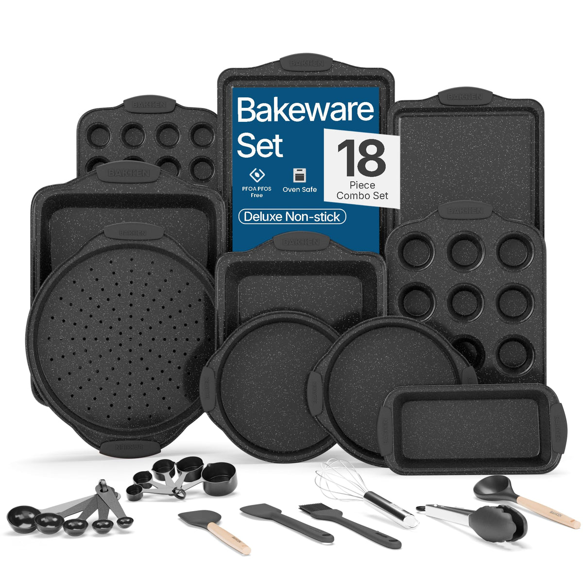 BAKKEN Kitchen Baking Pan Set - Nonstick Coating, Carbon Steel Bakeware Sets with Red Silicone Handles, Baking Kitchen Essentials, PFOA, PFOS, PTFE Free, Oven Safe Tray (Up To 450° F), Set of 18