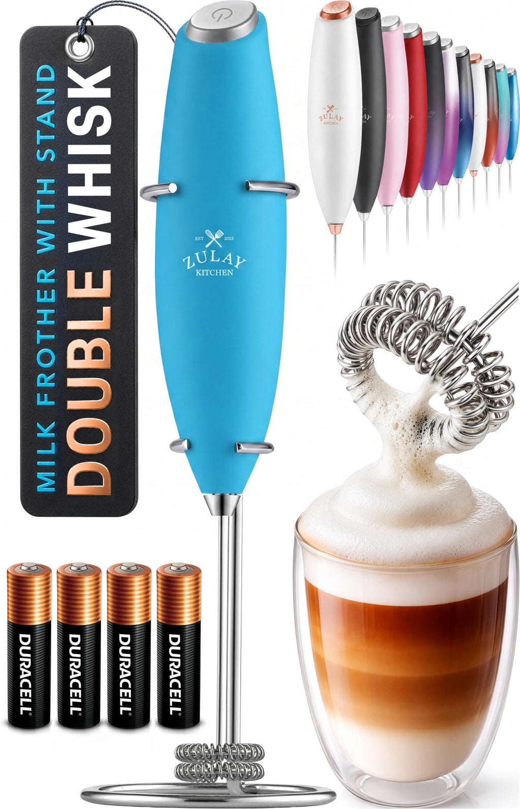 Zulay Kitchen Powerful Milk Frother Wand With Duracell Batteries - Ultra Fast Handheld Drink Mixer - Electric Whisk Foam Maker for Coffee, Lattes, Cappuccino & Matcha - Z1 Motor - Aqua