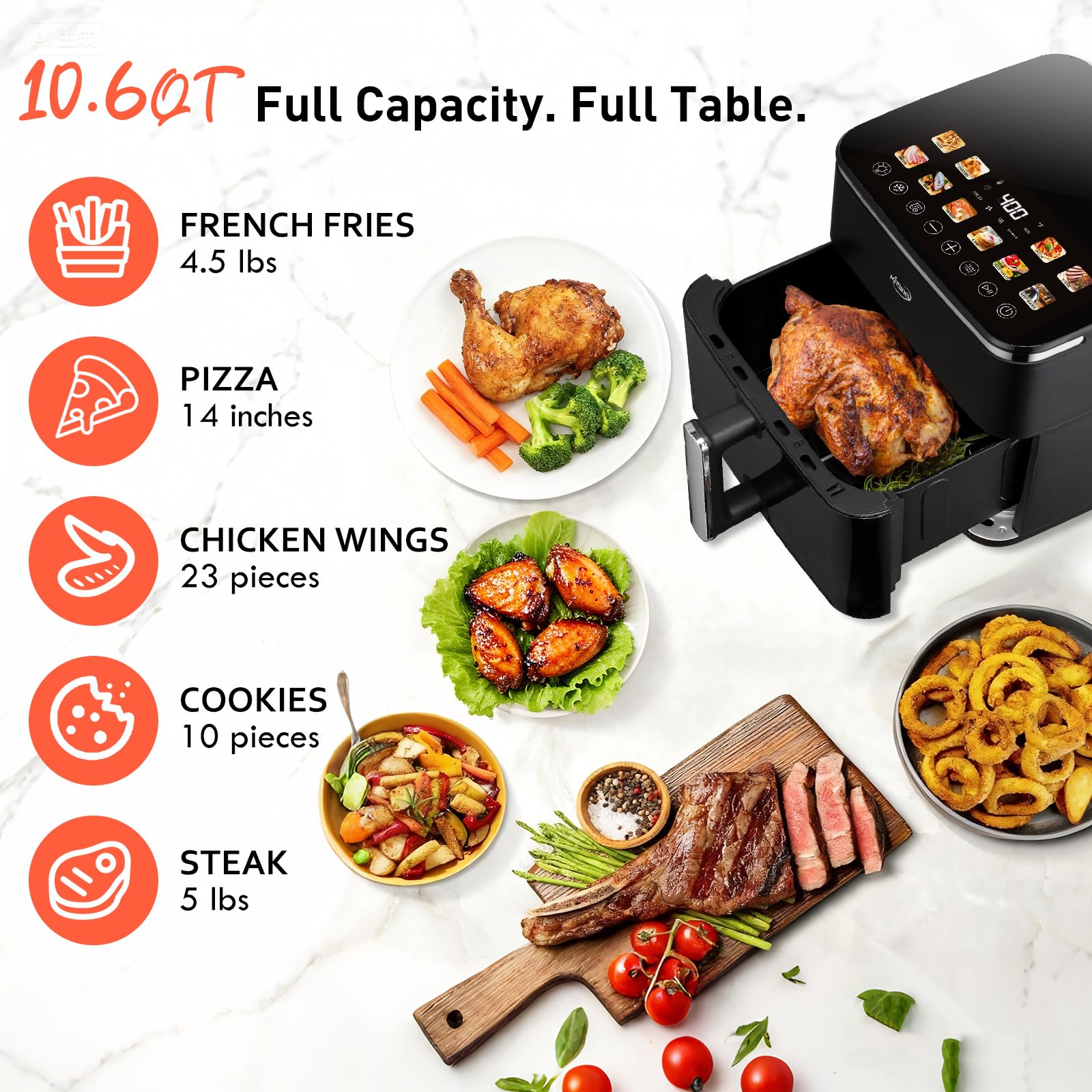 KINSING 10.6 QT Air Fryer, 9-in-1 XL Large Capacity with Visible Window