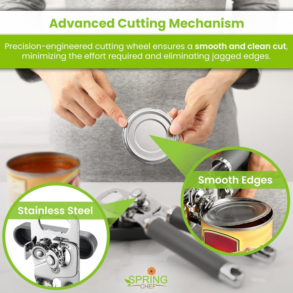 Spring Chef Stainless Steel Manual Can Opener with Magnetic Lid Remover, Easy Turn & Heavy Duty Can Openers for Seniors with Smooth Edge - Graphite