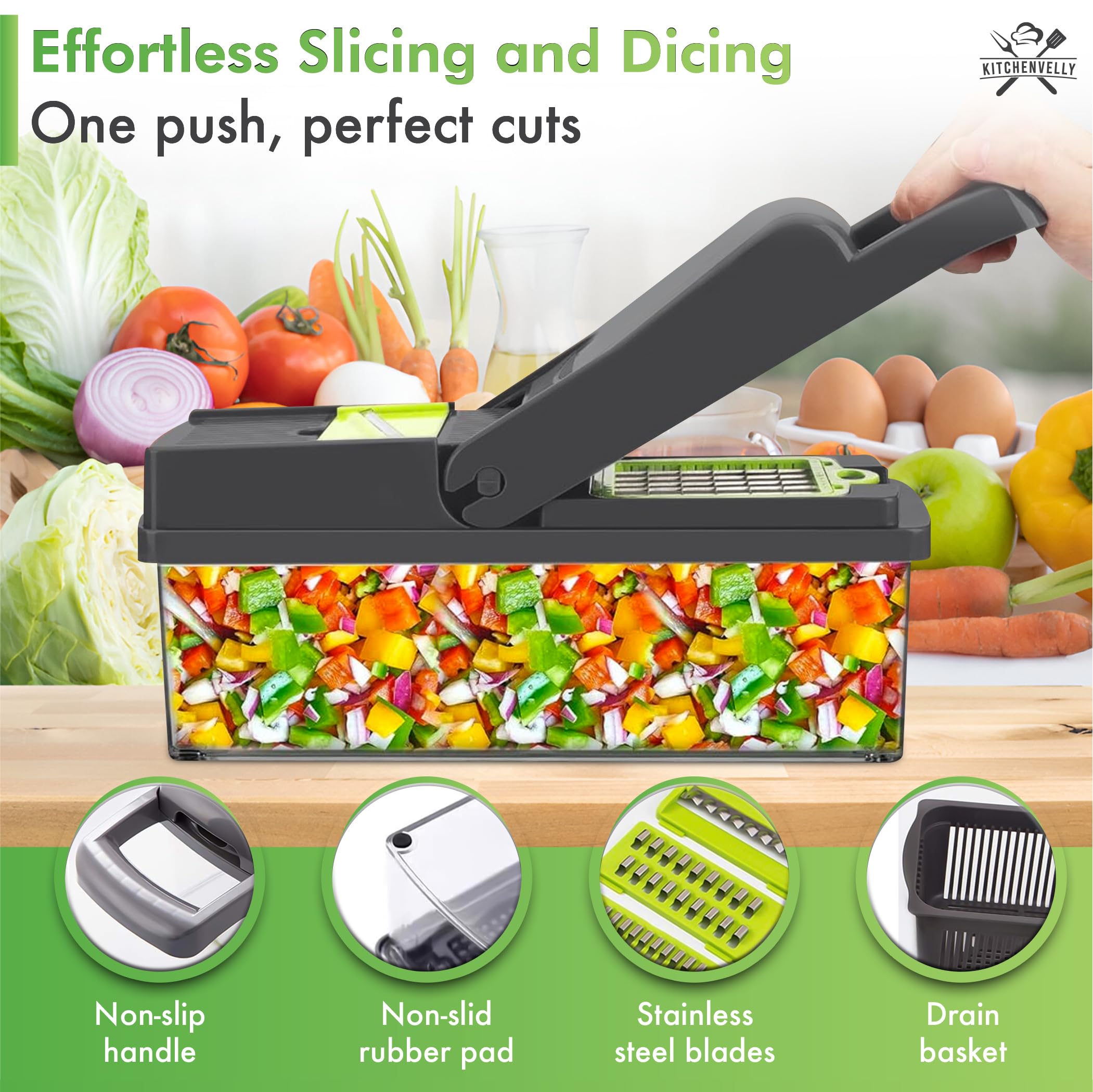 Kitchenvelly Vegetable Chopper 16 in 1 with Container, Veggie Chopper Food Chopper and Dicer, Onion Chopper Vegetable Cutter with 8 Stainless Steel Blades, Easy Meal Prep Kitchen Tool, Green
