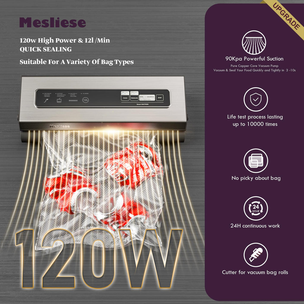 Mesliese 6in1 Vacuum Sealer, Dry/Moist Modes, 2 Bag Rolls & 5 Pre-cut Bags