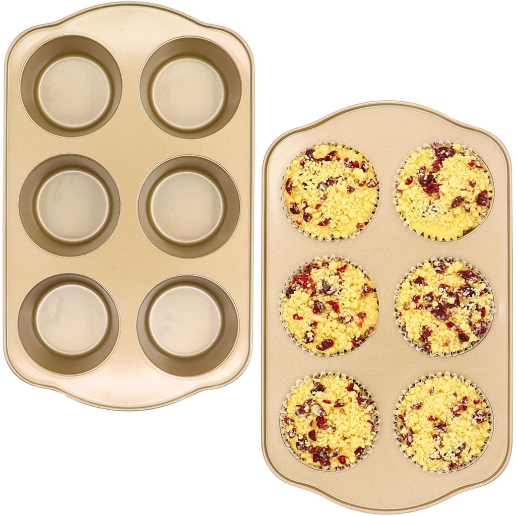 JOHO BAKING Jumbo Muffin Pan 2 Pack, Nonstick Large Cupcake Pan 6 Cup, Heavy Duty 0.5mm Thick Steel Big Muffin Tins for Baking, 3.5inch Dia, Gold